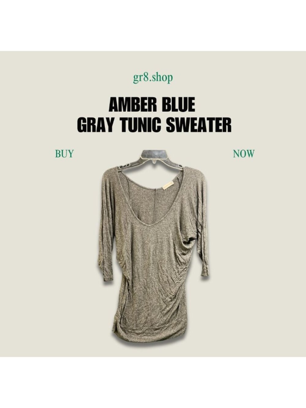 AMBER BLUE Gray Tunic Sweater 3/4 Sleeve Lightweight Rayon Blend Size M Made In